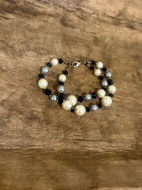 Premier Designs Double Strand Faux Pearl and Black Beaded Bracelet